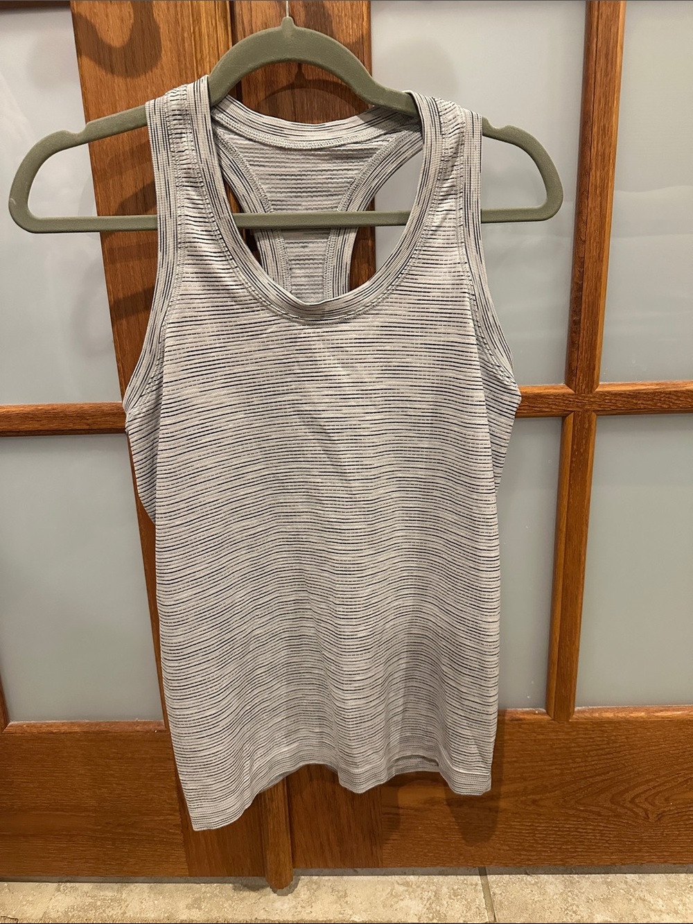 Athleta White and Light Gray Striped Racerback Tank